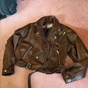 Brown Leather Moto Jacket with Belt